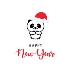 Cute panda in a New Year hat. Christmas character illustration. New year vector minimalistic logo