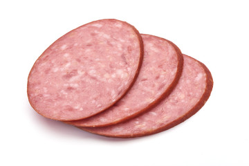 Salami smoked sausage slices, isolated on white background.