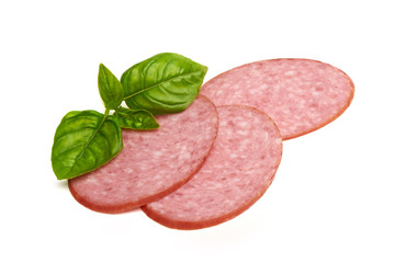 Salami smoked sausage slices, isolated on white background.