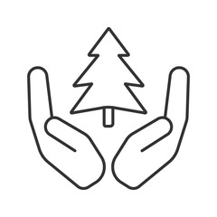 Open palms with fir tree linear icon