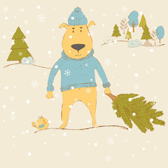 yellow dog with a Christmas tree. Landscape. Vector hand draw illustration