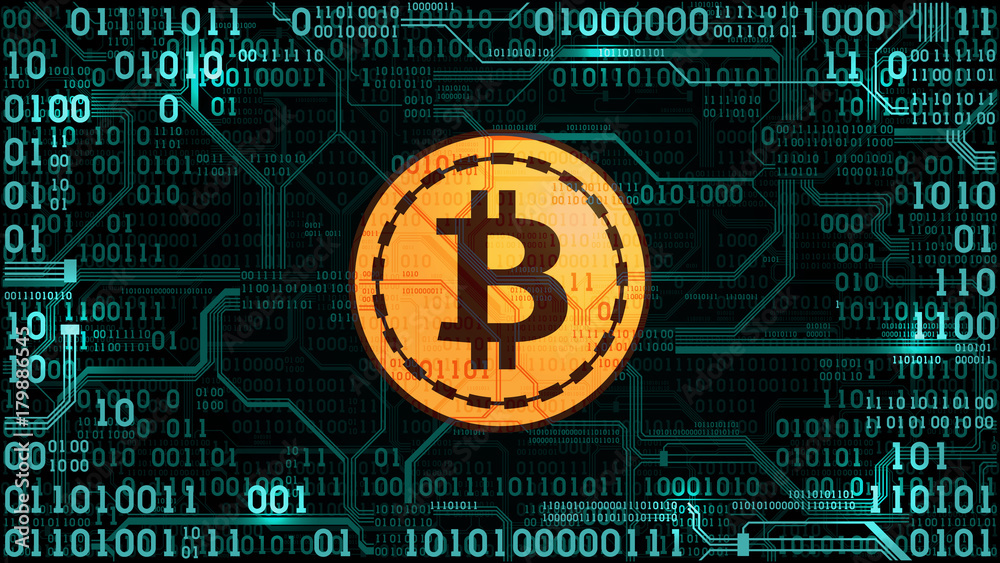 Poster symbol of crypto currency bitcoin on the background of binary code and printed circuit board, well o