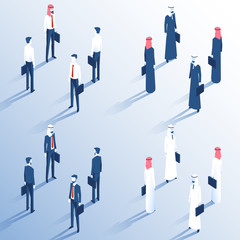 Different Businessmen with case in left hand in suit and shirt with red tie in isometric view. A bearded businessman. Arab businessmen with red and white arabesque on a light background