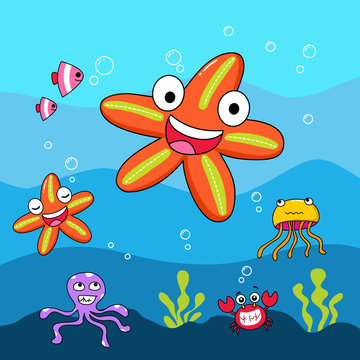 red starfish. underwater life background