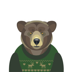  illustration of  bear in sweater on white background.