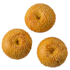Three sandwich bun with sesame seeds isolated on white