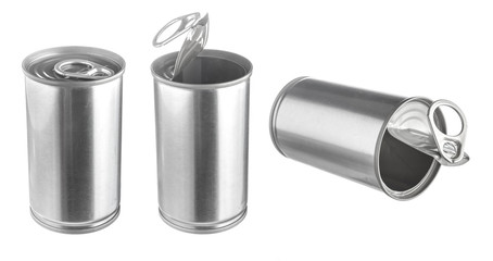 Metal tin food can isolated on white background,Open an empty tin can