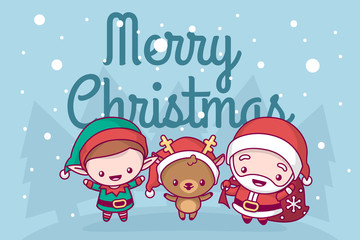 Fototapeta premium Lovely cute kawaii chibi. santa claus, deer and elf under the snow. Merry christmas and a happy new year. greeting card