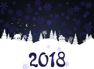 New year 2018 background with white silhouettes of winter countryside landscape: firs, trees, houses, bushes, snowdrifts, moon and stars. Dark sky with snow flakes. Vector illustration.