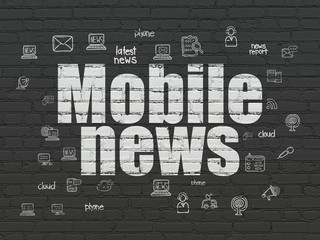 News concept: Painted white text Mobile News on Black Brick wall background with  Hand Drawn News Icons