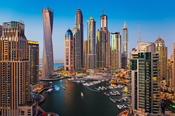 General view of Dubai Marina at twilight from the top
