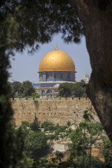 View on the temple Dome of the Rock in the afternoon. From the monastery of Mary Magdalene. Jerusalem. Israel.