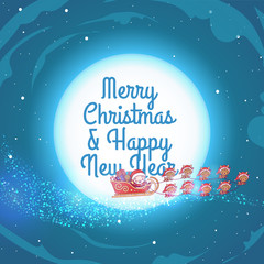 Lovely cute kawaii chibi. santa claus in a sleigh with gifts on the background of a bright moon. starry sky with clouds. a team of nine deer. Merry christmas and a happy new year. greeting card