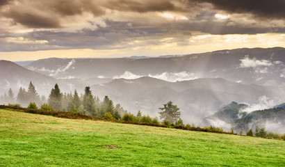 Fototapeta premium Dramatic sky at rainy day in Black Forest in Germany / Wide panoramic photo of Black Forest nearby Freudenstadt