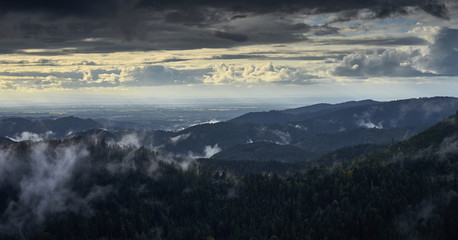 Dramatic sky at rainy day in Black Forest in Germany / Wide panoramic photo of Black Forest nearby Freudenstadt