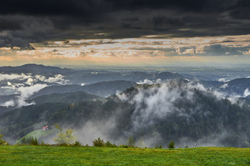 Dramatic sky at rainy day in Black Forest in Germany / Wide panoramic photo of Black Forest nearby Freudenstadt
