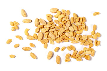 Mix of roasted and salted peanuts, cashew nuts, almonds and hazelnut isolated on white background, top view
