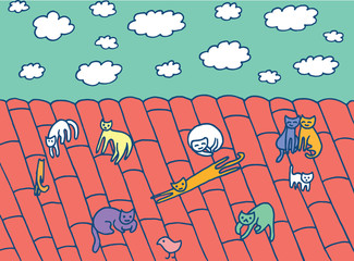 Cats on the roof. Summer blue sky with clouds. Doodle vector illustration