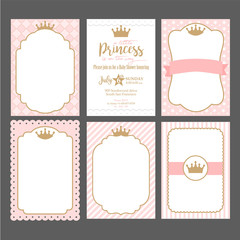 A set of cute pink templates for invitations. Vintage gold frame with crown. A little princess party. Baby shower, wedding, girl birthday invite card. Can be used for printing in A5 paper.