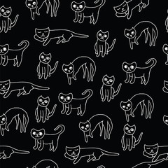 Child drawn cat on black -  seamless pattern. Vector graphic art background with doodle sketch. Kids drawing style wallpaper