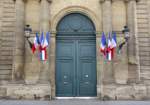 Patriotic doorway with flags in Paris, 2017.