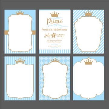 A Set Of Cute Blue Templates For Invitations. Vintage Gold Frame With Crown. A Little Prince Party. Baby Shower, Wedding, Birthday Invite Card. Can Be Used For Printing In A5 Paper.