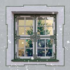 Christmas tree seen through a beautifull window. Winter, New Year background, postcard.