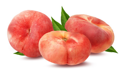 Three chinese flat donut peaches with leaf isolated on white with clipping path © Ekaterina