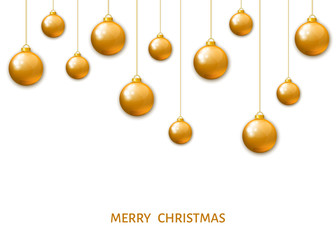 Gold  hanging Christmas balls isolated on white background.