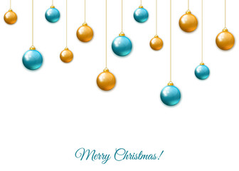 Golden and blue  hanging Christmas balls  on white background.