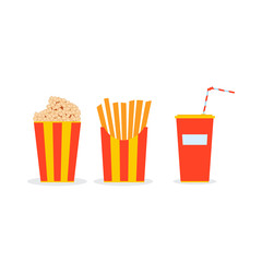 Circus meal in glasses. Popcorn, French fries, a glass with juice, cola with a straw