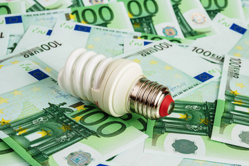Energy saving light bulb on Euro banknotes