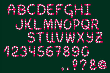 White red candy vector alphabet on green. Candy letters, numbers and punctuation signs.