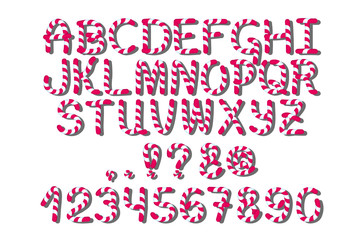 White red candy vector alphabet with letters, numbers and punctuation signs.