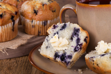 Closeup of a Sliced Blueberry Muffin and Cup of Coffee