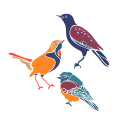 Sturnus vulgaris, Erithacus rubecula, Phoenicurus phoenicurus. Set of three birds. Flat design. Vector illustration.