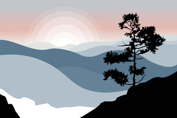 Mountain landscape with a tree in the foreground. Coniferous forest. Winter nature. Travel, outdoor activities, outdoor sports, vacation. Flat style. Vector illustration.