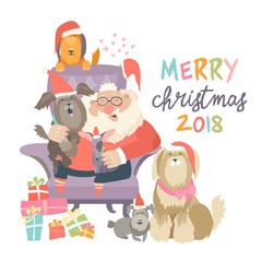 Santa Claus sitting in armchair wih dogs