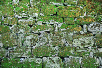 Old stone wall overgrown with moss