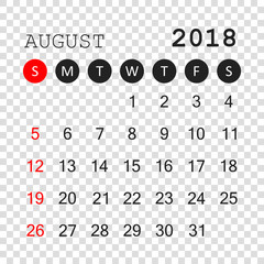 August 2018 calendar. Calendar planner design template. Week starts on Sunday. Business vector illustration.