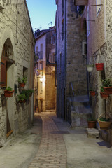 Narrow street with flowers in the old town Peille in France. Night view