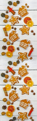 Aromatic New Year's decor. Christmas background, homemade gingerbread cookies and natural decor.