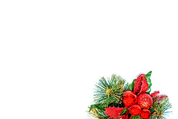 Happy New Year and Merry Christmas on an isolated background in a different reflection, red toys and green needles.