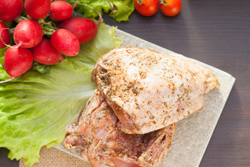 Marinated chicken meat and vegetables 