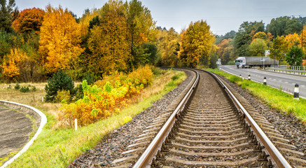 Naklejka na ściany i meble Forest during autumn near railways
