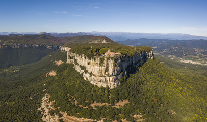 Fototapeta na wymiar Aerial view of El Far Sanctuary on the mountain of the Guilleries Massif, Catalonia