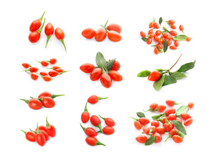 Collage with goji berries on white background