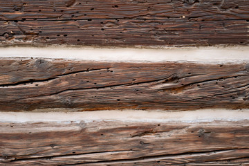 Barn Wall Texture with wood worm. Rustic Log House Vintage Wall Horizontal Background