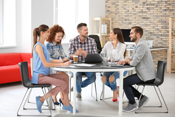 Team of young professionals conducting business meeting in office