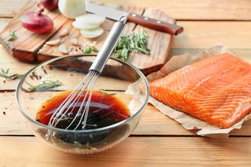 Zelfklevend Fotobehang Soy marinade for salmon and fillet on wooden table © Africa Studio